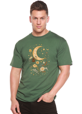Mens Spun Bamboo celestial moon and boho flowers graphic T-shirt with vintage unisex design, featuring bamboo and cotton fabric.