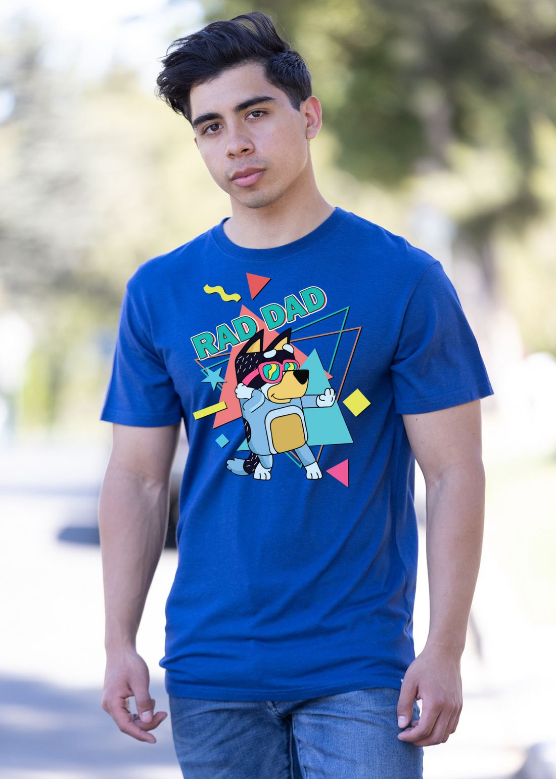 Blue Rad Dad graphic T-shirt for men by Spun Bamboo, featuring a colorful printed design on short sleeve bamboo fabric.