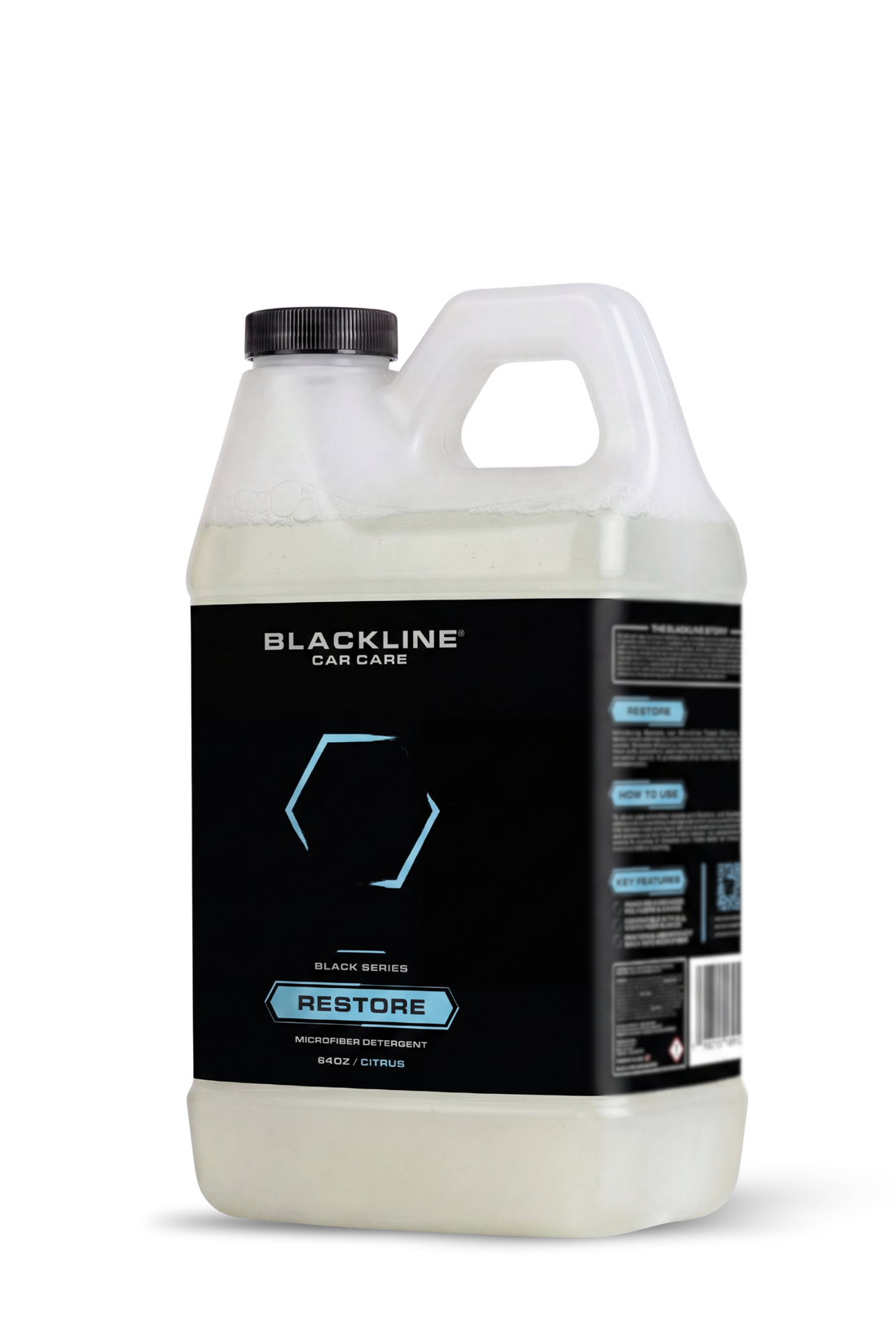 Blackline Car Care BLACKLINE® Restore microfiber detergent bottle showing label and product packaging.
