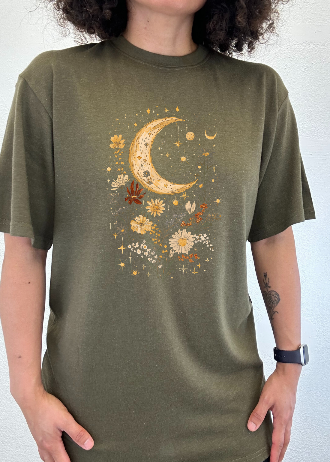 Mens Spun Bamboo printed T-shirt featuring celestial moon, boho flowers, vintage design, made from bamboo and cotton fabric.