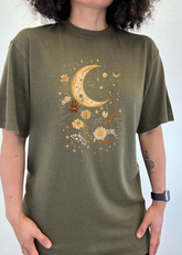 Mens Spun Bamboo printed T-shirt featuring celestial moon, boho flowers, vintage design, made from bamboo and cotton fabric.