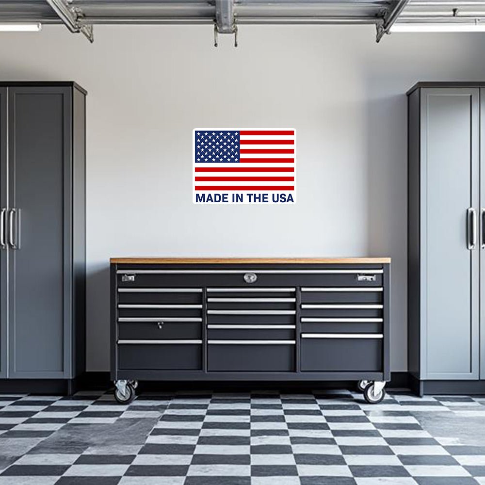 Made in the USA flag garage wall decal by Armed American Supply, featuring a bold American flag design for garage decor.