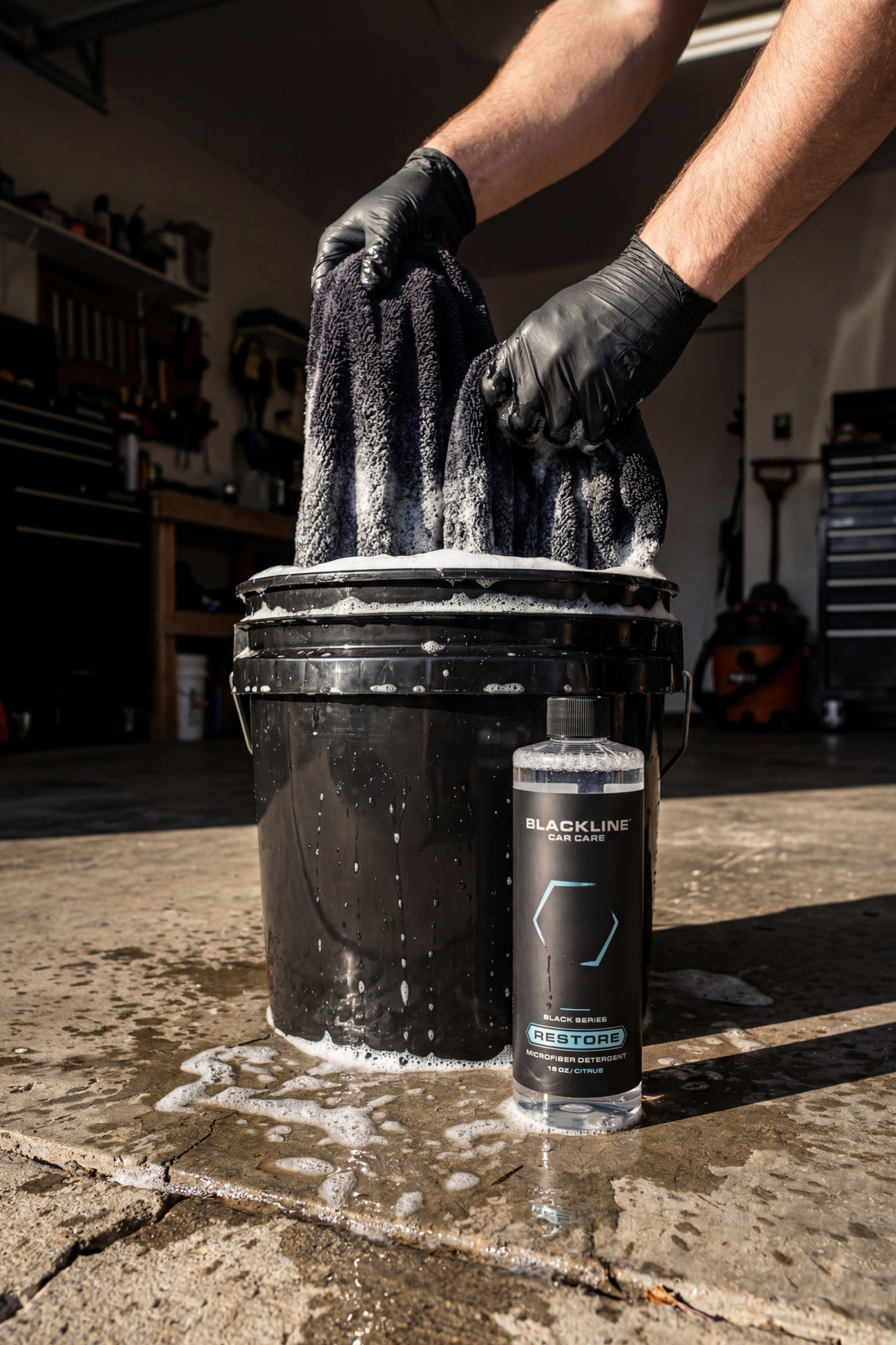 Blackline Car Care BLACKLINE® Restore microfiber detergent bottle, designed for cleaning microfiber car accessories and fabrics.