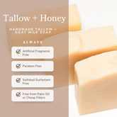 Handmade soap bar by Pretty Farm Girl with pure tallow, honey, goat milk; natural, fragrance-free skincare product.