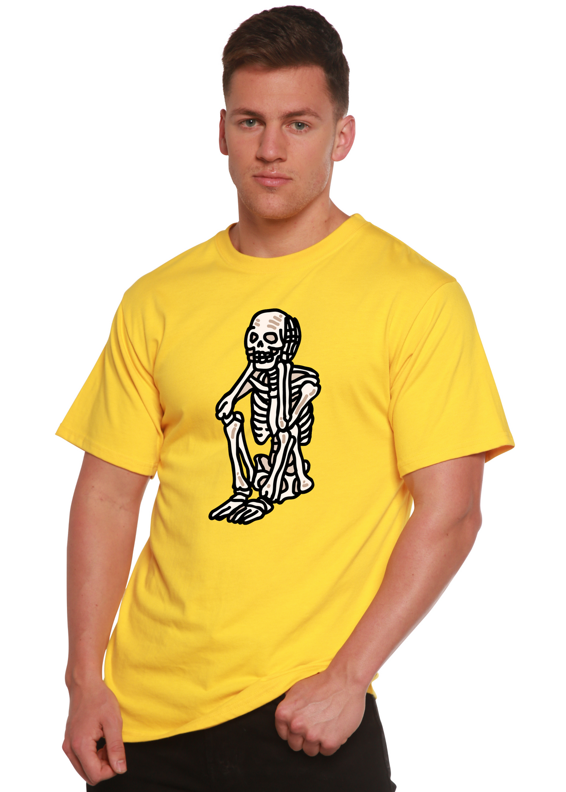 Sad skeleton Halloween unisex T-shirt by Spun Bamboo, short sleeve design with graphic print in bamboo viscose and organic cotton fabric.