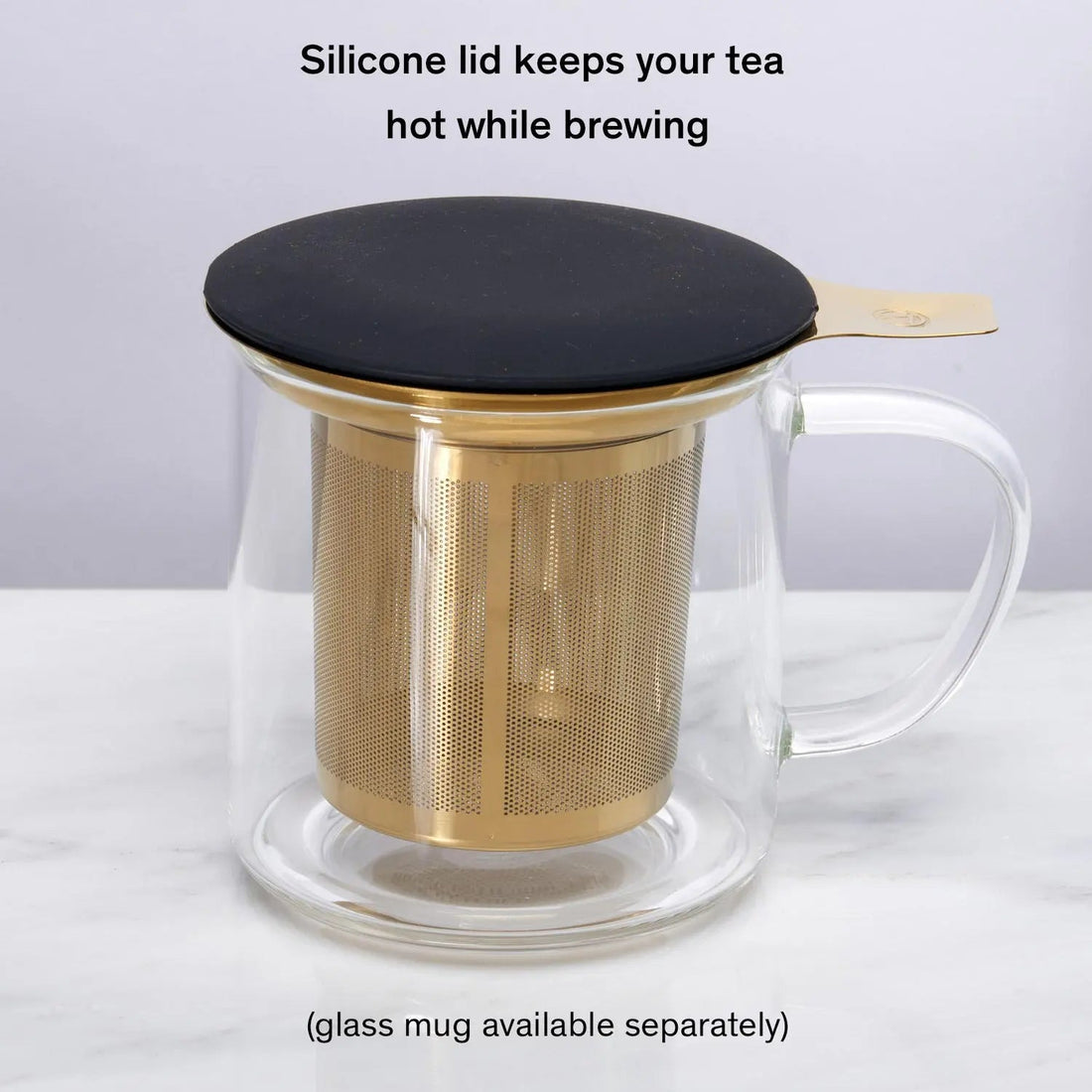August Uncommon Tea One Cup Infuser in gold, shown in a mug with lid, perfect for easy tea brewing and infusing.