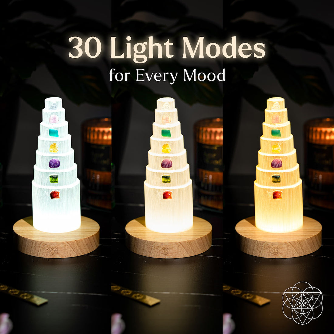 Conscious Items Stress Shield Lamp night light with 30 light modes, featuring healing stones for calming ambiance and relaxation.