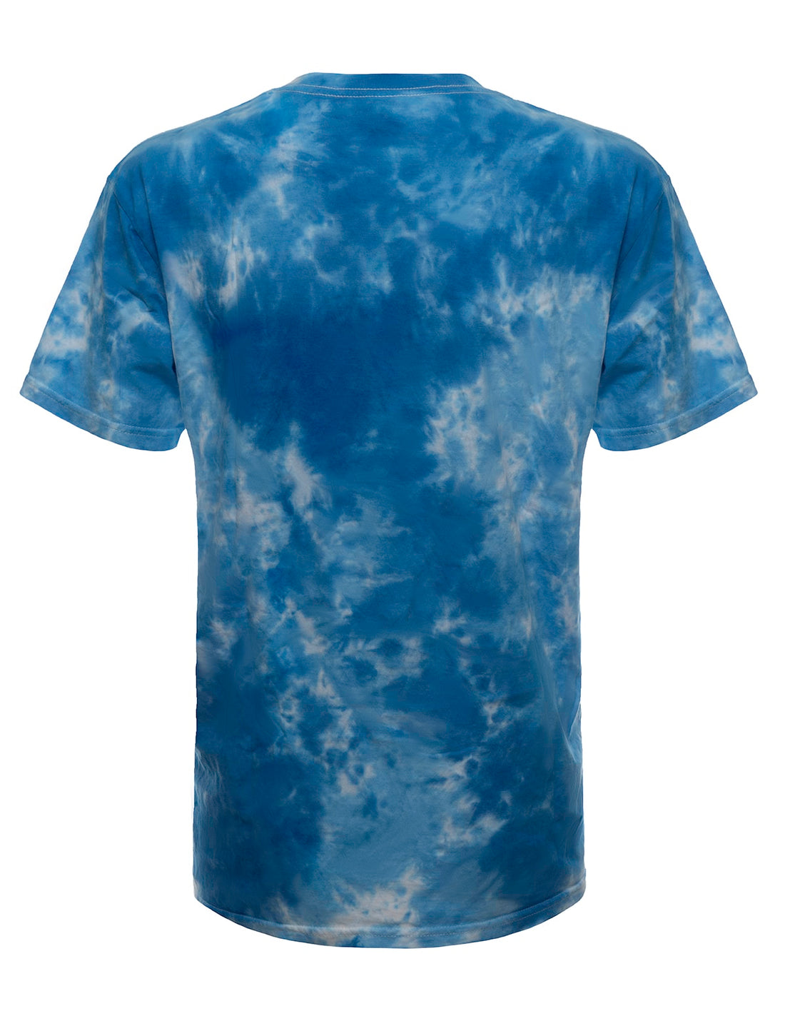 Back view of SpectraUSA Cloud Wash Sky tie-dye t-shirt featuring a vibrant blue and gray cloud pattern.