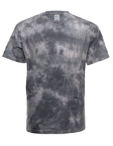 Front view of SpectraUSA Cloud Wash Steel Tie Dye Tee featuring a soft, cloud-inspired blue and gray pattern on cotton fabric.
