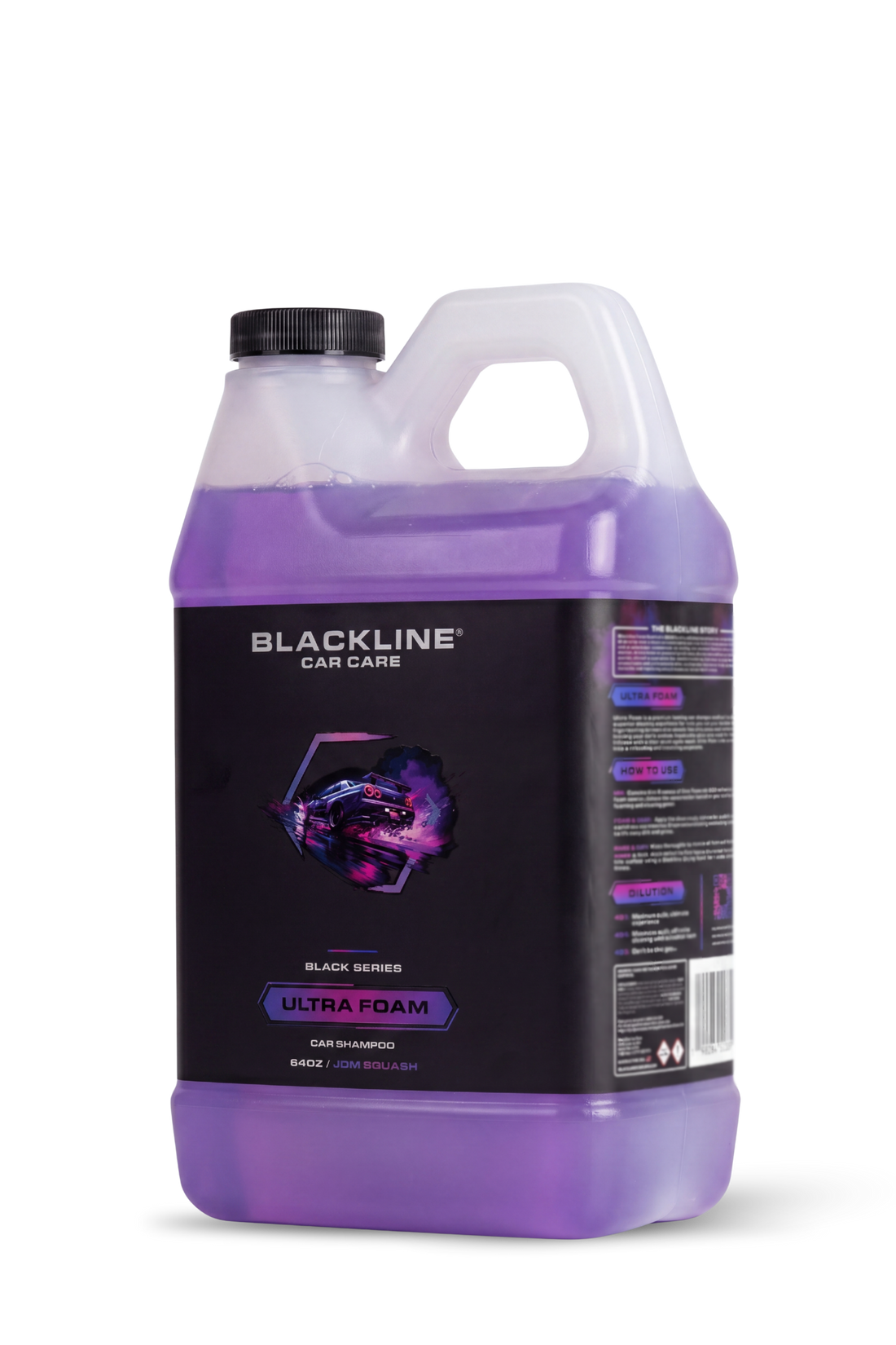 Blackline Car Care BLACKLINE® ULTRA FOAM car shampoo bottle with label and nozzle, ready for washing vehicles.