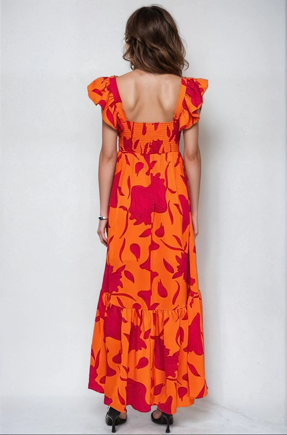 Vibrant fire floral high-low maxi dress by Fitkitty Culture, flowing women’s clothing with bold floral print and elegant style.