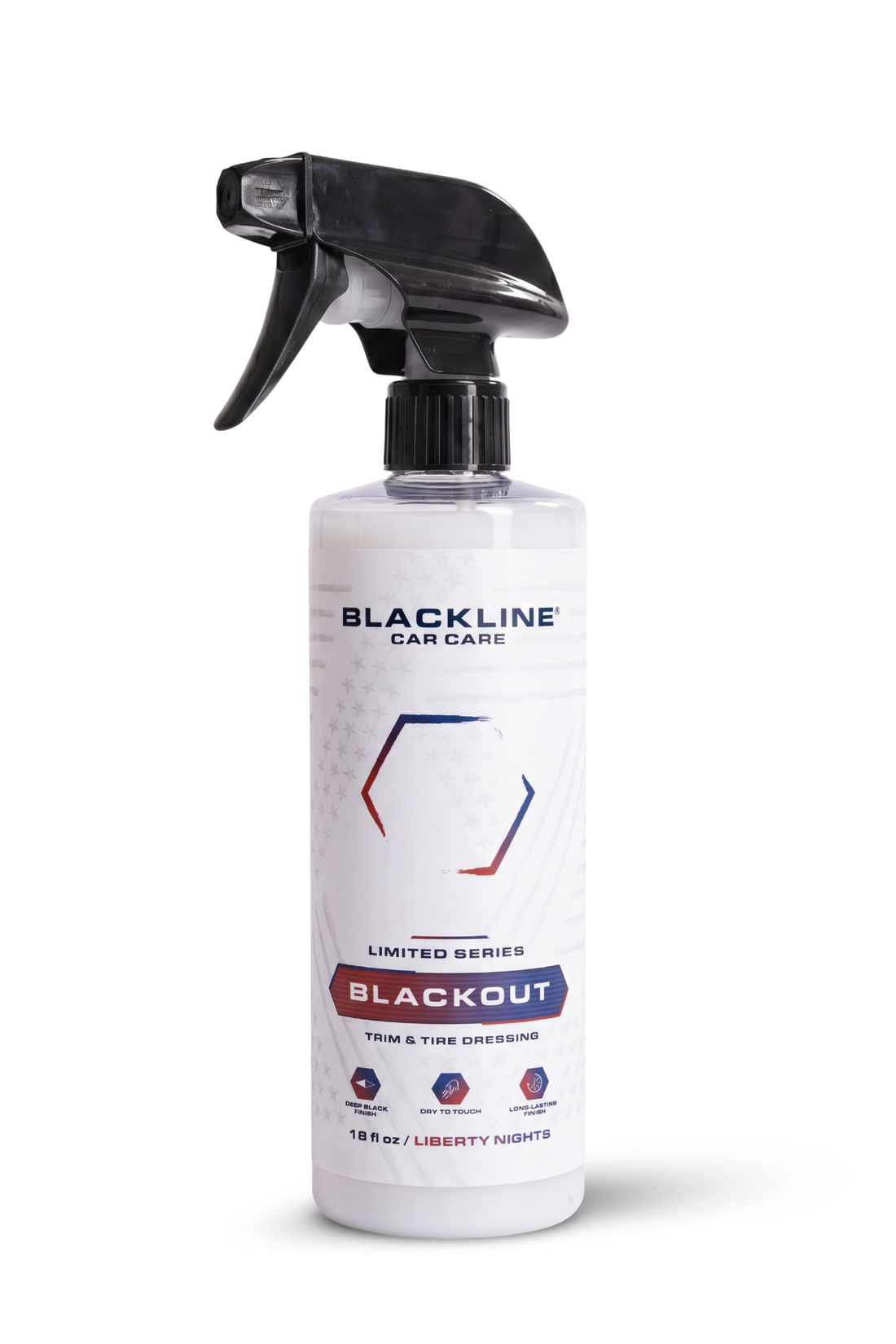 Blackline Car Care BLACKLINE® Blackout Trim and Tire Dressing applied to car tires and trim for a sleek, shiny finish.