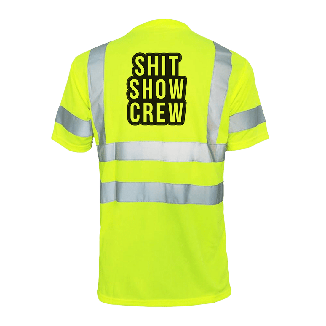 Reflective safety T-shirt from Armed American Supply featuring "Shit Show Crew" design, high-visibility reflective material.