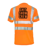 Reflective safety T-shirt from Armed American Supply featuring "Shit Show Crew" text and high-visibility reflective details.