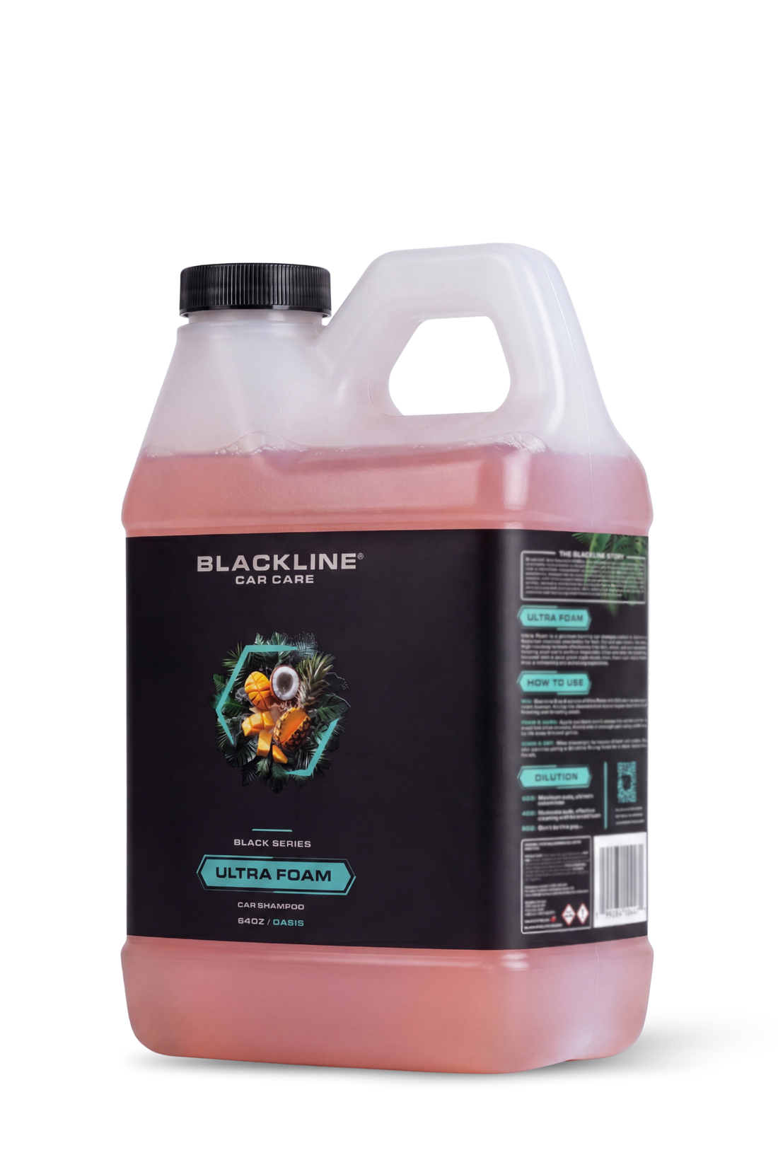 Blackline Car Care BLACKLINE® Ultra Foam car shampoo in a bottle, showcasing its rich foam for vehicle cleaning.
