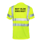 Reflective Slim Shady safety T-shirt by Armed American Supply with high-visibility reflective strips on a black fabric background.