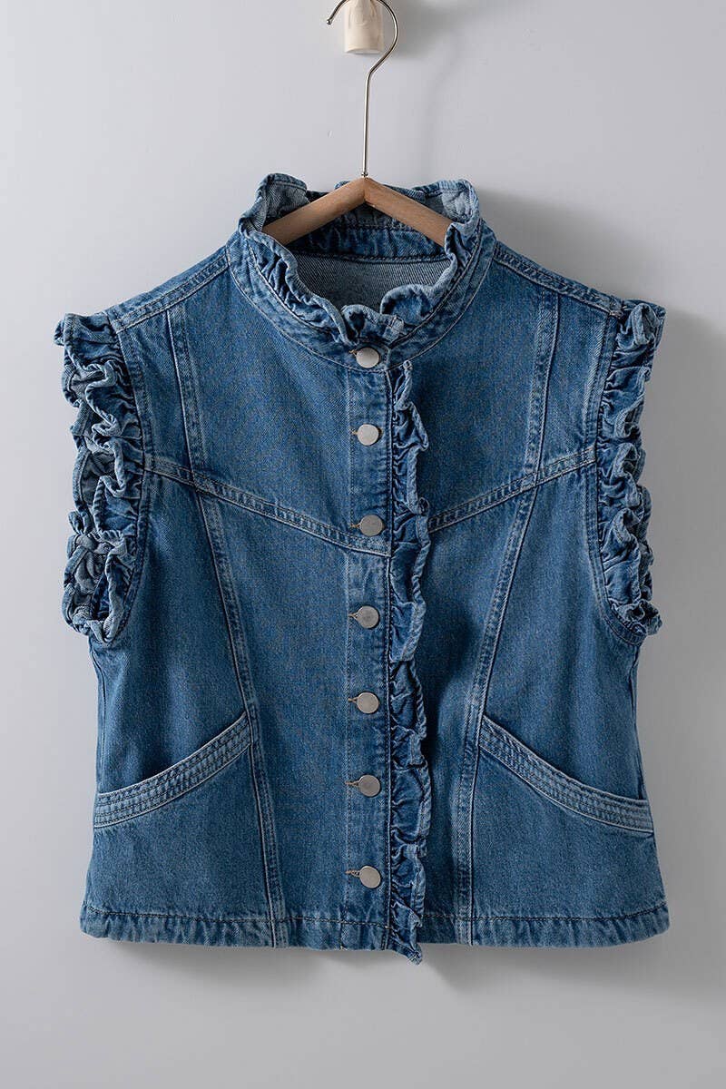 Victorian Muse ruffle-trim denim vest with high collar, stylish layering piece from Fitkitty Culture women&