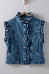 Victorian Muse ruffle-trim denim vest with high collar, stylish layering piece from Fitkitty Culture women&