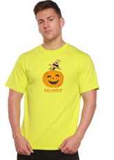 Unisex Halloween pumpkin graphic T-shirt made from bamboo viscose and organic cotton, featuring a printed spooky pumpkin design.