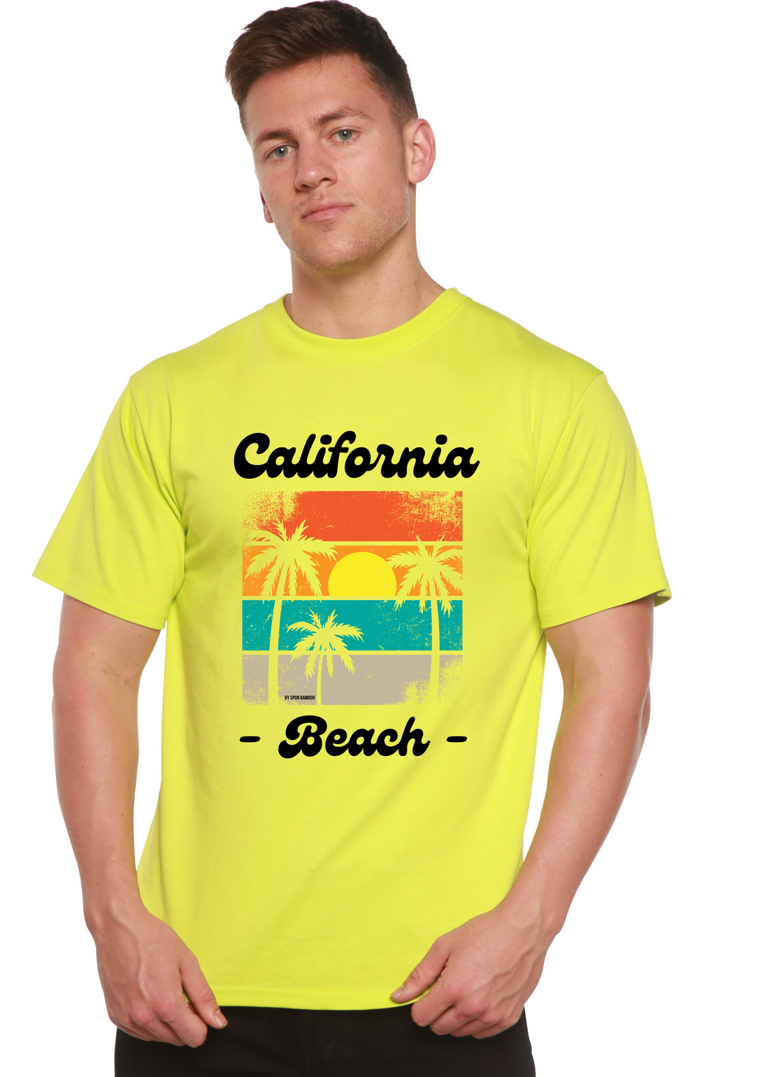 Unisex California Beach graphic T-shirt made from bamboo viscose and organic cotton, featuring a colorful beach scene print.