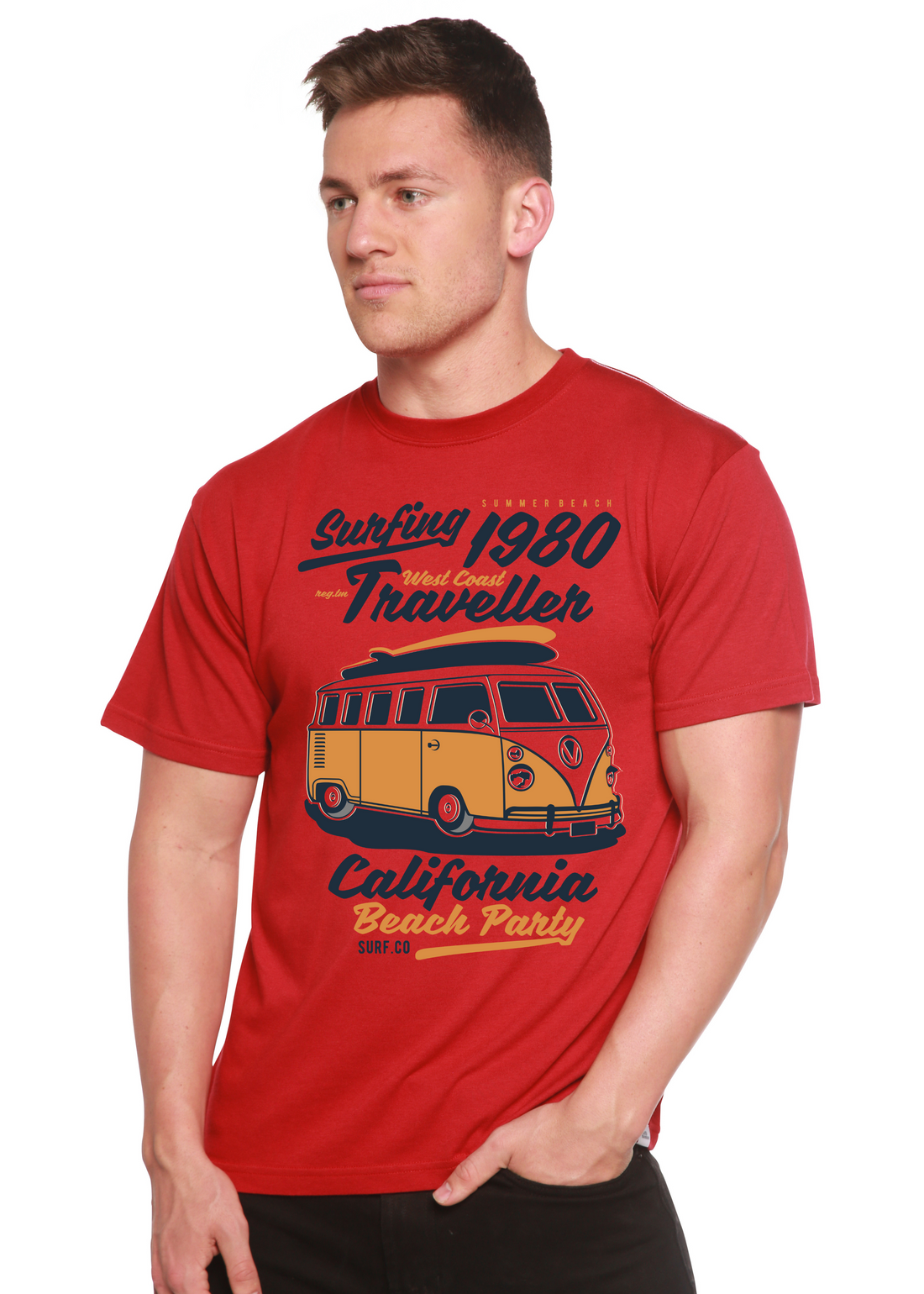 Mens Spun Bamboo Surfing graphic T-shirt featuring short sleeves and vibrant print in bamboo viscose and organic cotton fabric.