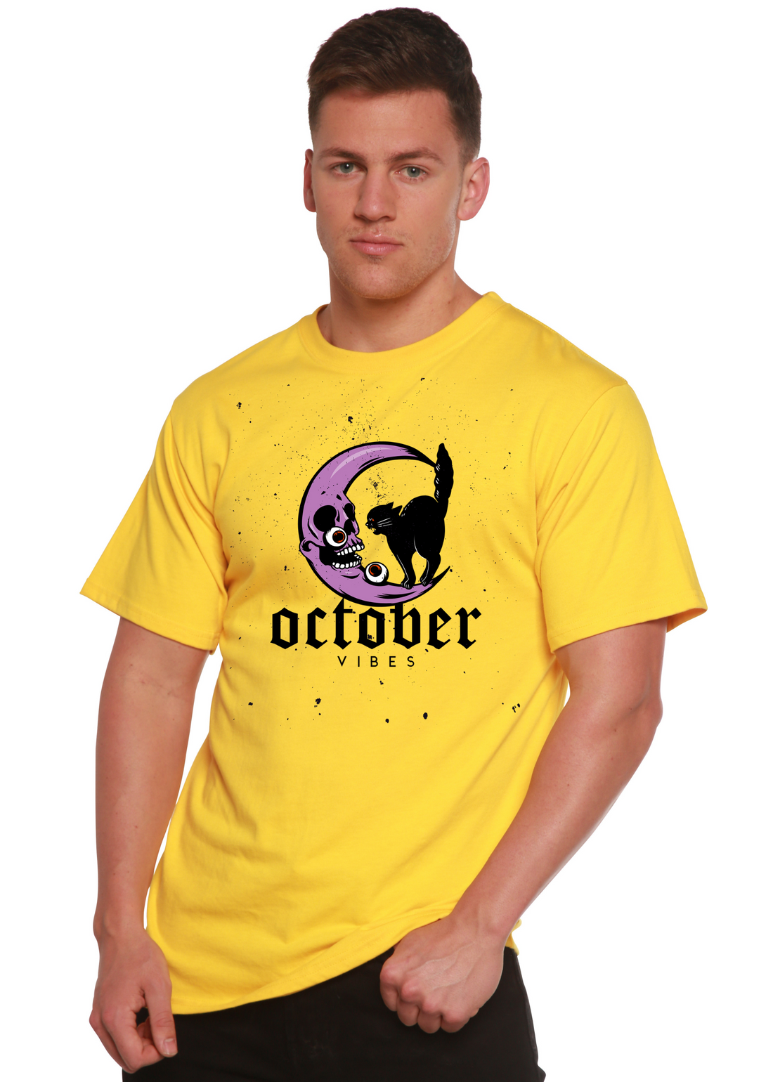 Mens printed graphic T-shirt from Spun Bamboo, October Vibes design in bamboo viscose and organic cotton fabric.