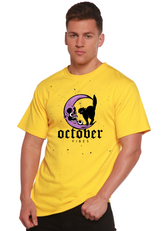 Mens printed graphic T-shirt from Spun Bamboo, October Vibes design in bamboo viscose and organic cotton fabric.