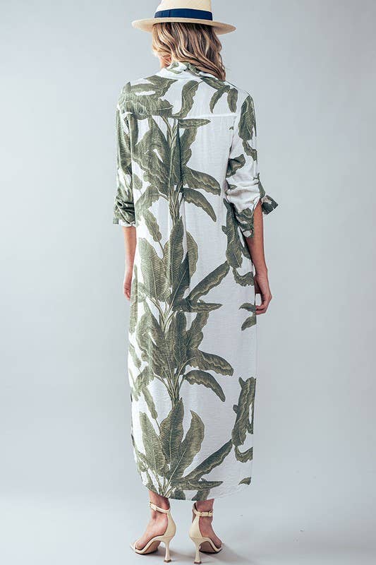 Tropical palm leaf button-down midi dress from Fitkitty Culture, perfect for resort or spring wear, with a flowy, stylish design.