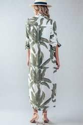 Tropical palm leaf button-down midi dress from Fitkitty Culture, perfect for resort or spring wear, with a flowy, stylish design.