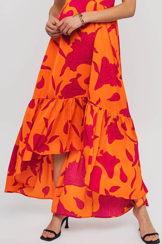 Vibrant Fire Floral high low maxi dress by Fitkitty Culture featuring bold floral pattern and flowing silhouette.