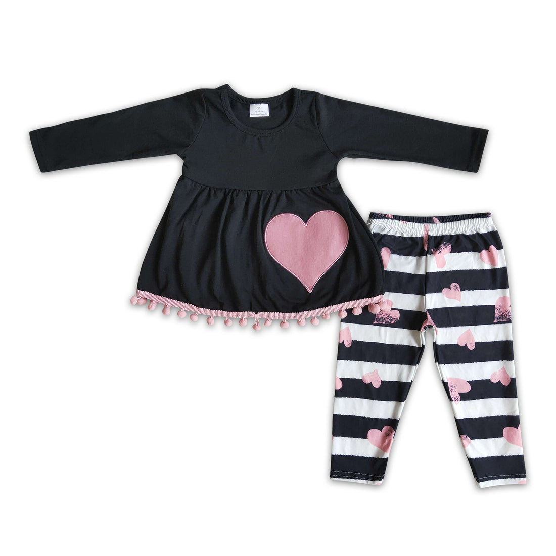 Heart embroidery pom pom tunic leggings set girls valentine&