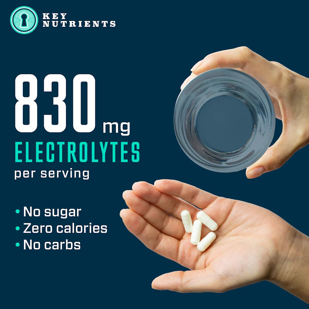 Key Nutrients electrolyte hydration pills in capsule form, showing four capsules on a neutral background.