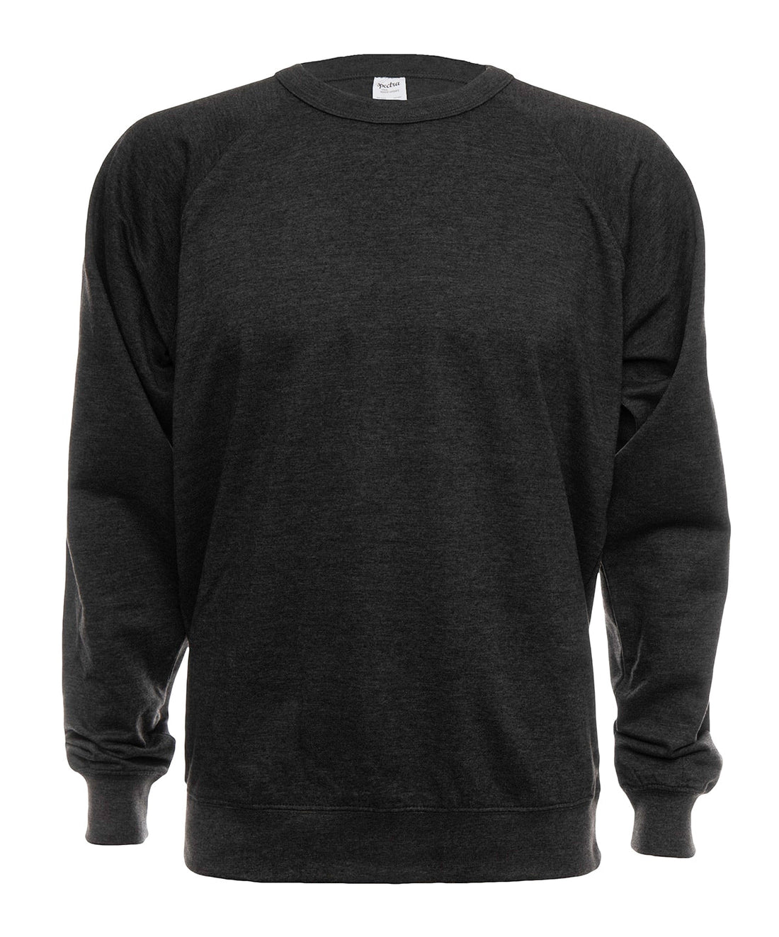 SpectraUSA French Terry Crew in charcoal heather fleece, front view showing soft, comfortable fleece fabric and classic crew neckline.