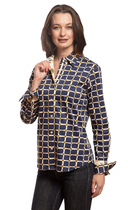 Rome Shirt Navy Olive Grid Print