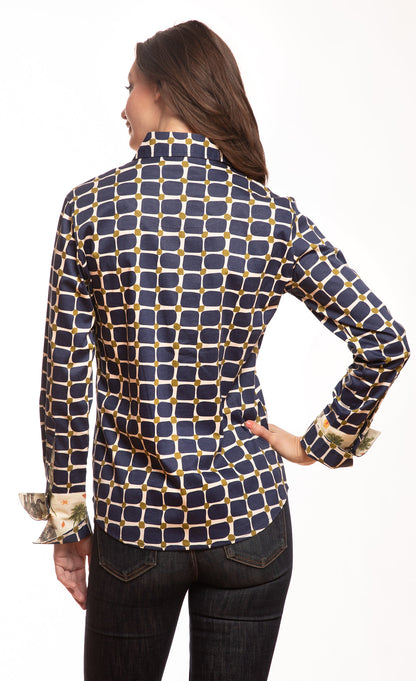 Rome Shirt Navy Olive Grid Print