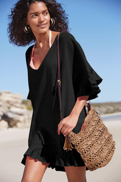 Slub Cotton V Neck Bikini Cover Up Beach Cover Up Vacation Swimsuit outside Overclothes Women Sun Protection