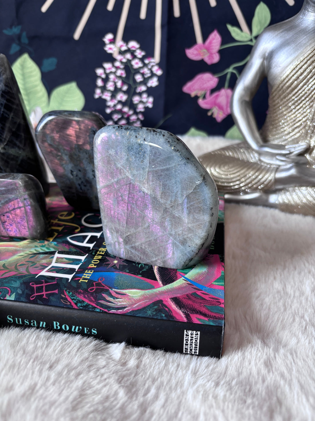 Natural sunset Labradorite freeform gemstone by Evermore Everlasting showing iridescent colors and smooth, polished surface.