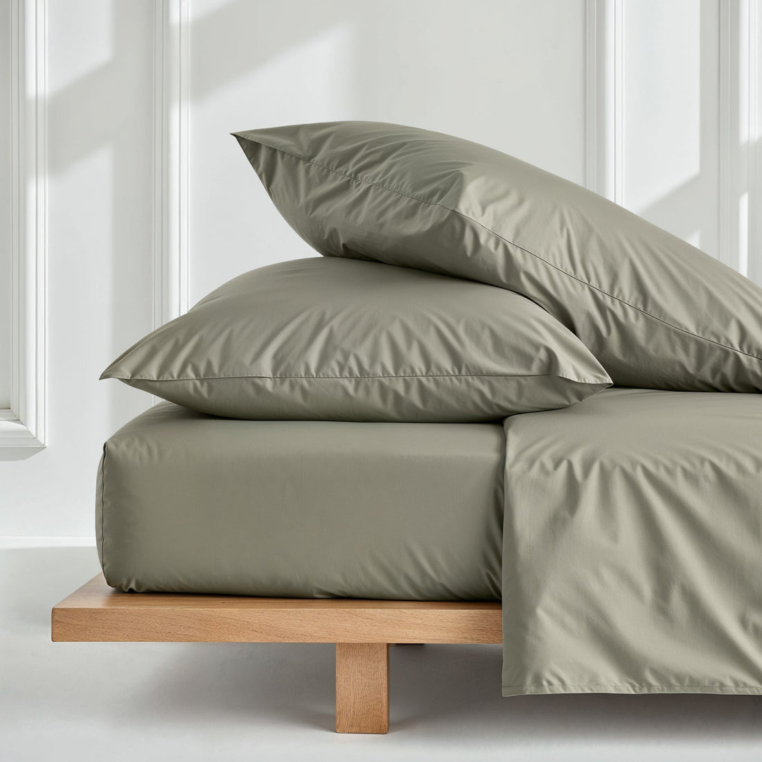 Luxurious Australian sateen sheet set by Italic, showing smooth, soft bed sheets in a cozy bedroom setting.