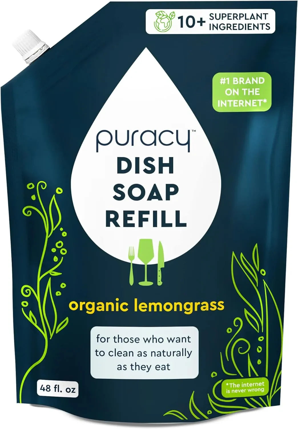 Puracy 48oz dish soap bottle with clear label, showing it as a natural dish cleaning product with a pump dispenser.