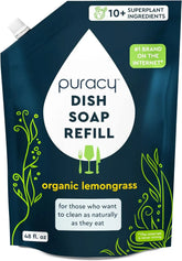 Puracy 48oz dish soap bottle with clear label, showing it as a natural dish cleaning product with a pump dispenser.
