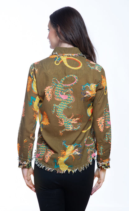 Cape Cod Top Olive Dragon Print