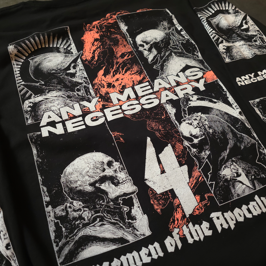 Black long sleeve T-shirt from Any Means Necessary Clothing featuring a back close-up of the 4 Horsemen design.