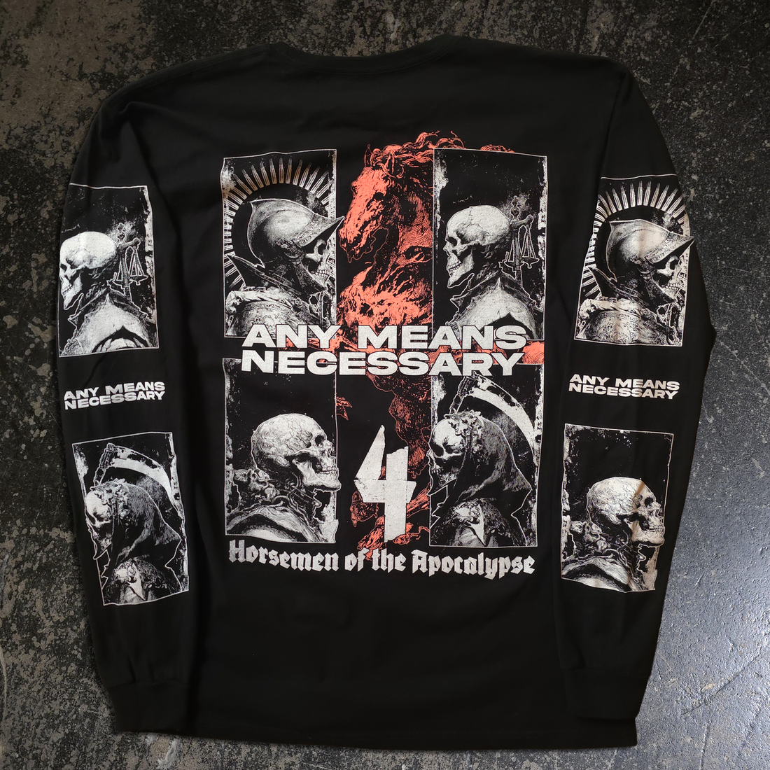 Black long sleeve shirt from Any Means Necessary Clothing featuring 4 Horsemen graphic on the back.