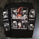 Black long sleeve shirt from Any Means Necessary Clothing featuring 4 Horsemen graphic on the back.