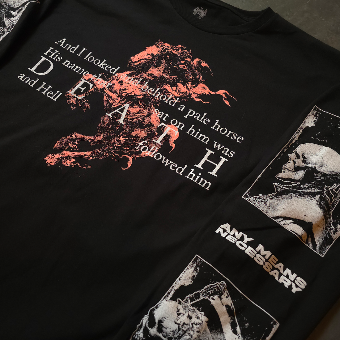 Black long sleeve t-shirt from Any Means Necessary Clothing featuring a front close-up of the 4 Horsemen design.