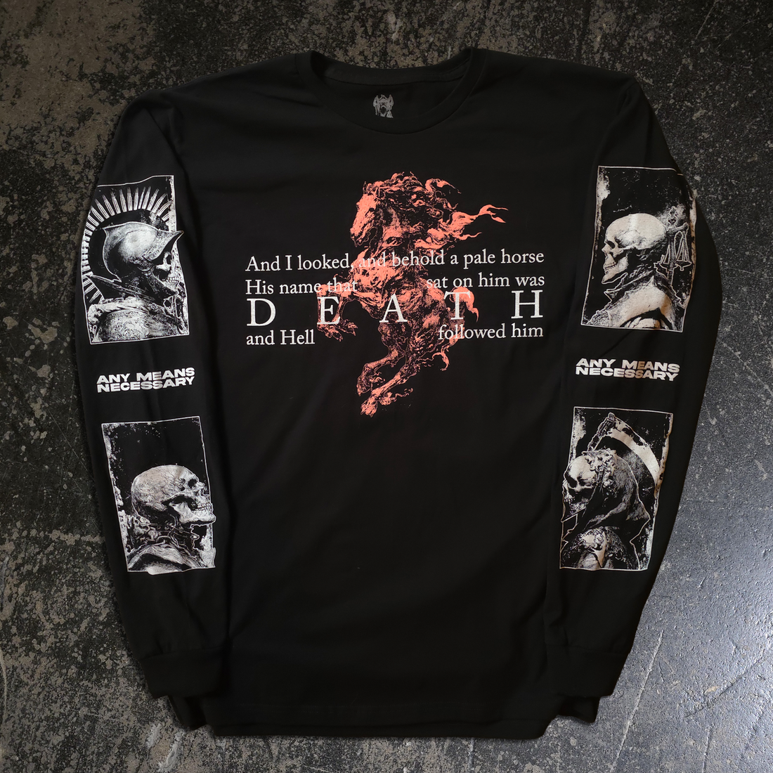 Black long sleeve t-shirt from Any Means Necessary Clothing featuring the 4 Horsemen design on the front.