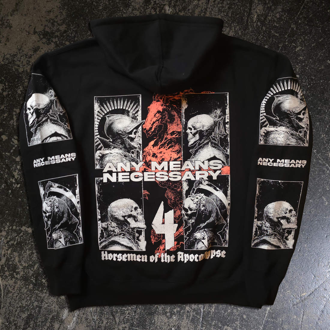 Any Means Necessary Clothing 4 Horsemen Pullover Hoodie featuring a detailed graphic design and comfortable fit.