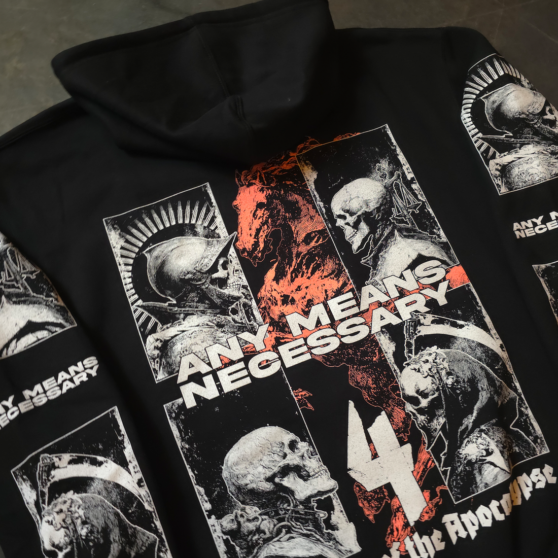 Black 4 Horsemen Pullover Hoodie by Any Means Necessary Clothing, front view showing hood and chest design.