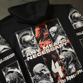 Black 4 Horsemen Pullover Hoodie by Any Means Necessary Clothing, front view showing hood and chest design.