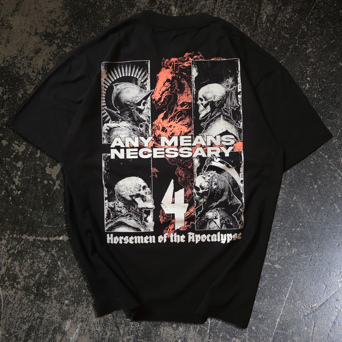Black 4 Horsemen T-Shirt from Any Means Necessary Clothing, showing the back design with four horsemen graphic.